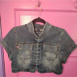 Large Y2K Studded Americana Blues Cropped Denim Jacket McBling